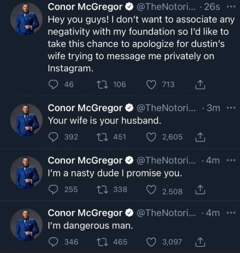 Conor McGregor posted a series of Twitter to Dustin Poirier and his wife, but quickly deleted - Photo 1
